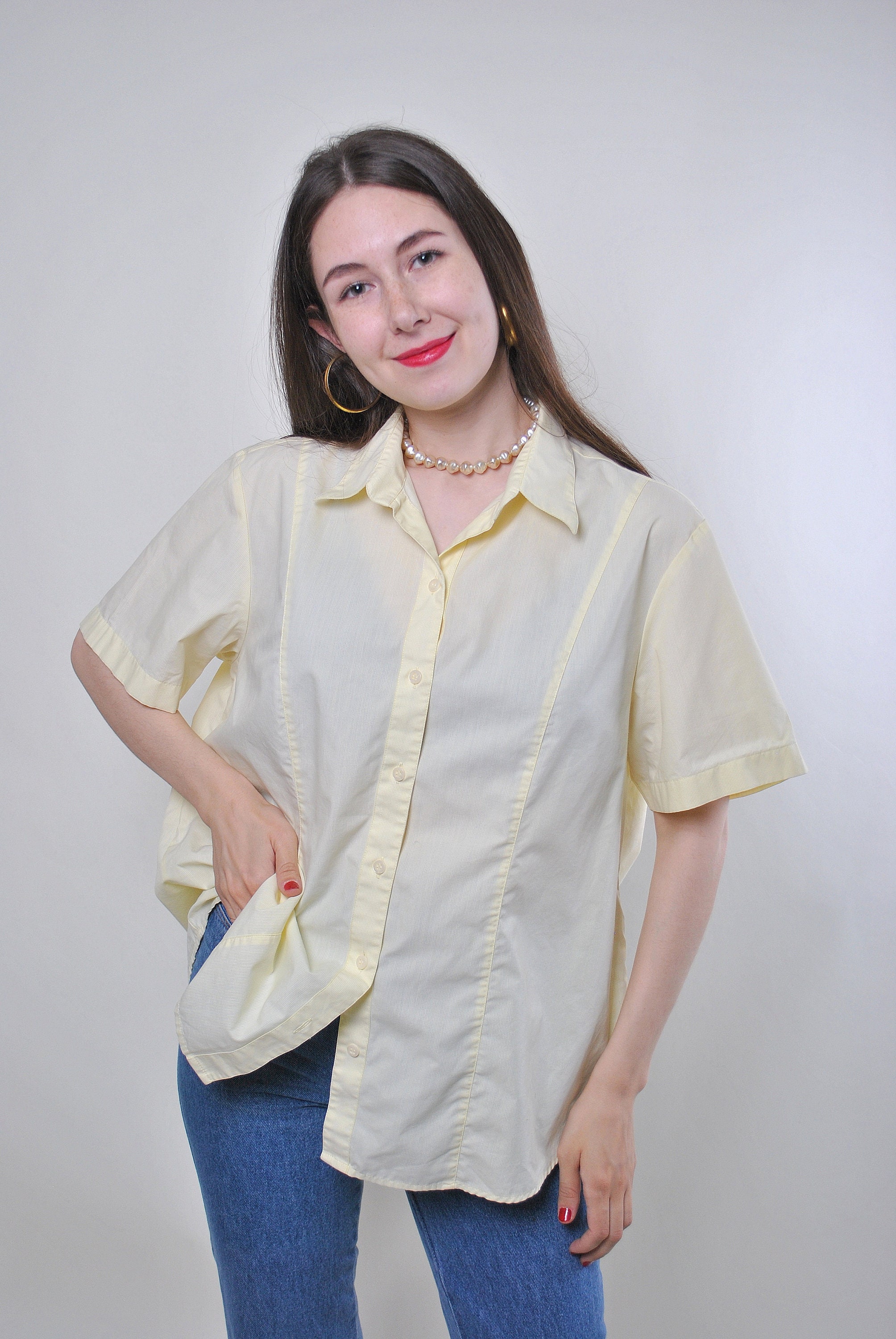 行列のできるレビュー商品、集めました。高評価アイテム 90s Oversized Sheer Blouse in Yellow , Vintage Short Sleeve トップス