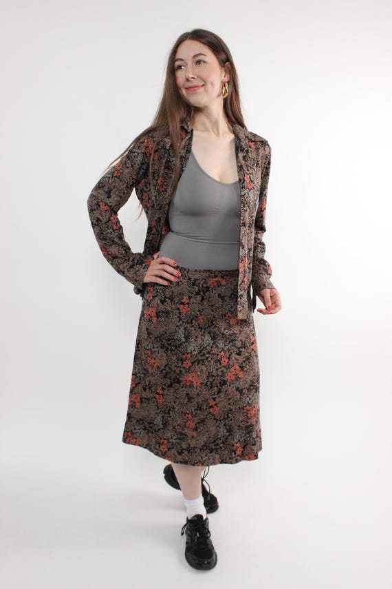 90s Brown Floral Two Piece Set Vintage Blouse Midi Skirt Size M