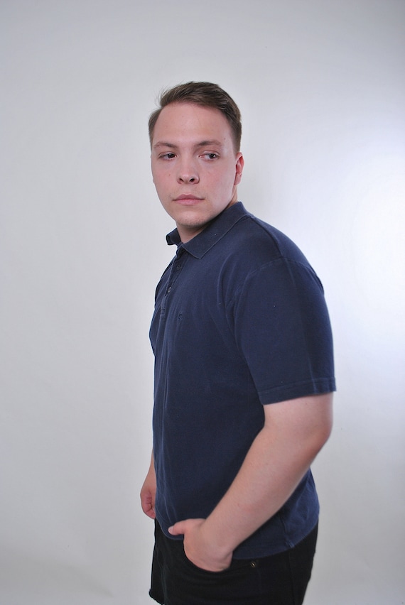 Vintage 90s Heavy Cotton Polo Shirt - Deep Blue Minimalist Size M