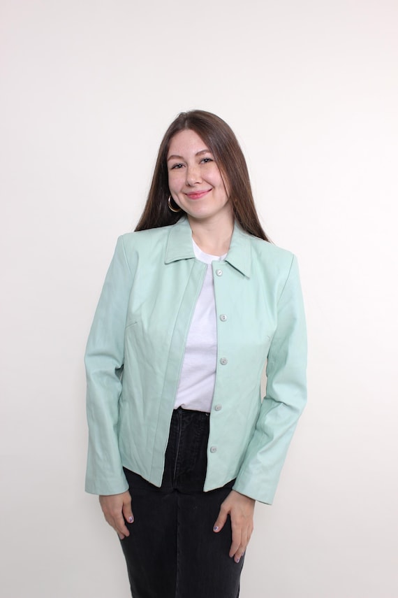 Vintage Mint Green Leather Jacket, 90s Pastel Leather Coat, Size M