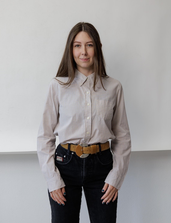 90s Tattersall Check Shirt Vintage Button Down Collar Cotton Blue Yellow Grid Blouse M