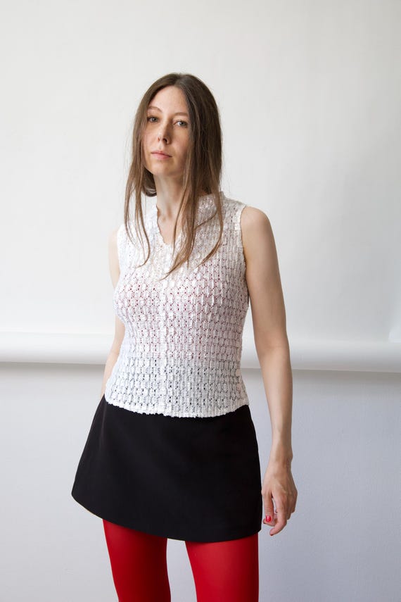 White Crochet Knit Tank Top Stretch Sleeveless Size One Size