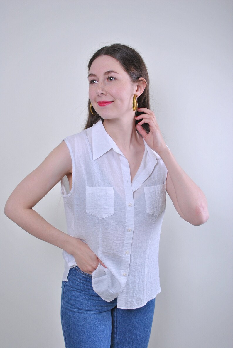 Size M Vintage white transparent sleeveless summer blouse