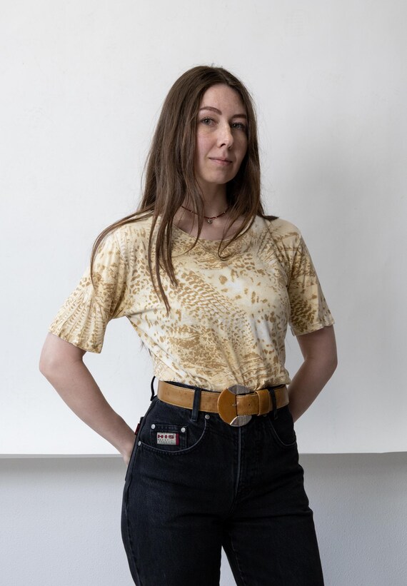 Y2K Snake Print Top Tan Python Stretch Tee Short Sleeve Animal Print Size M