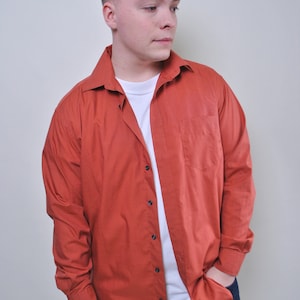 90s minimalist orange shirt, vintage plus size retro oversized button up shirt, Size L