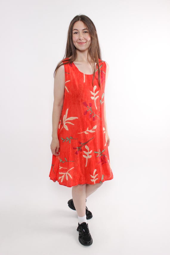 Vintage Floral Summer Dress 90s Red Viscose Midi Dress Sleeveless