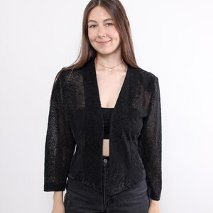 90s black sheer blouse with shoulder pads, vintage polyamide top with V neckline, Size M