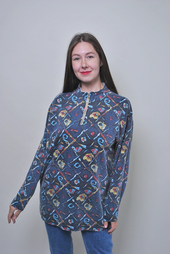 Vintage Abstract Zip Up Sweatshirt: Retro Watercolor Cotton Jersey (Size L)