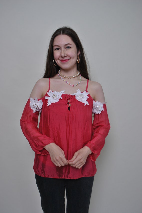 90s Vintage Red Silk Blouse: Off-Shoulder Floral Top (Medium)