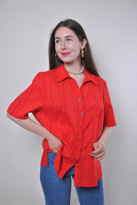 Vintage 90s Red Tonal Stripe Blouse Oversized Short Sleeve Button Up Summer Shirt L