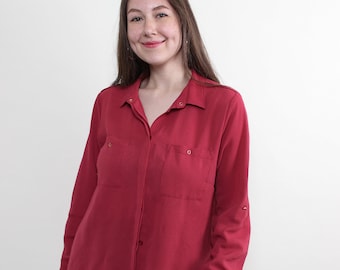 90s Red Casual Blouse - vintage Minimalist Long Sleeve Secretary Top - Size M - Women's Retro Fashion