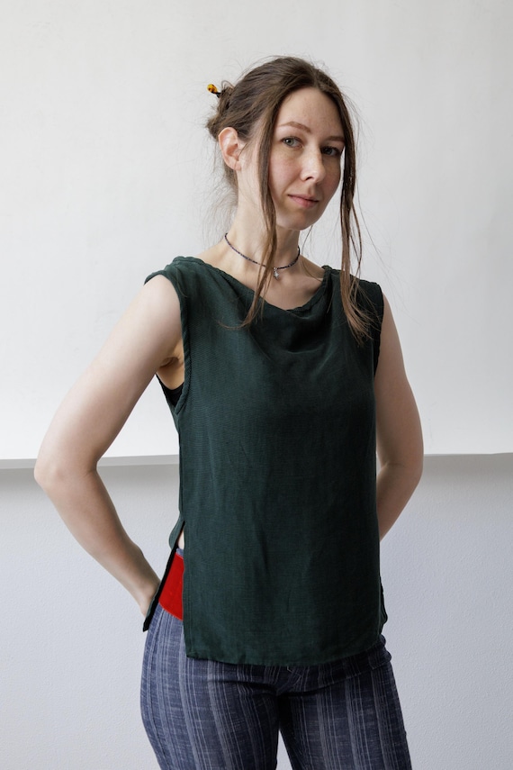 90s Forest Green Cowl Neck Top Vintage Sleeveless Ribbed Knit Dark Academia Shell M
