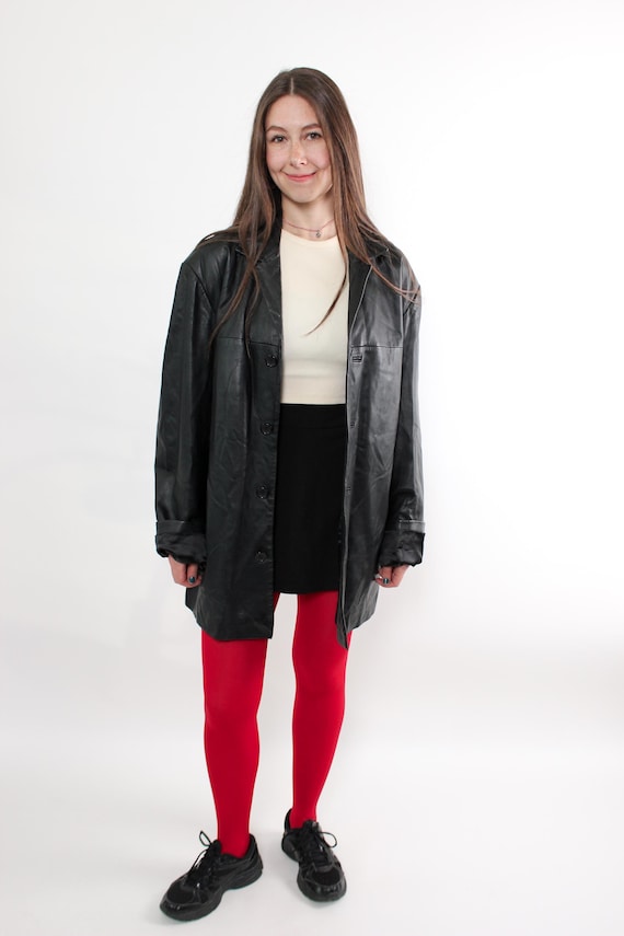 Vintage 90s Black Leather Jacket – Oversized Longline Coat with Polyester Lining, Size XL