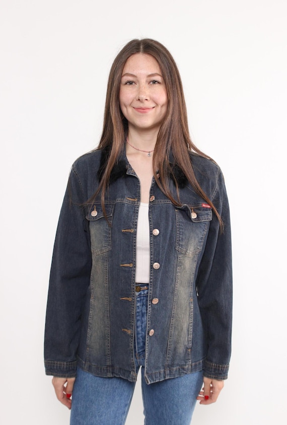 90s Denim Trucker Jacket Vintage Faux Fur Collar Oversized Blue Jean Jacket Size L