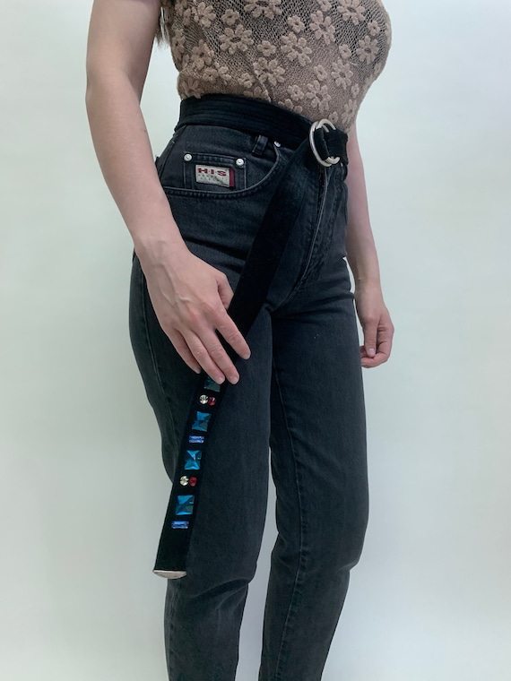 90s Vintage Oversized Black Belt: Colorful Stone Decoration