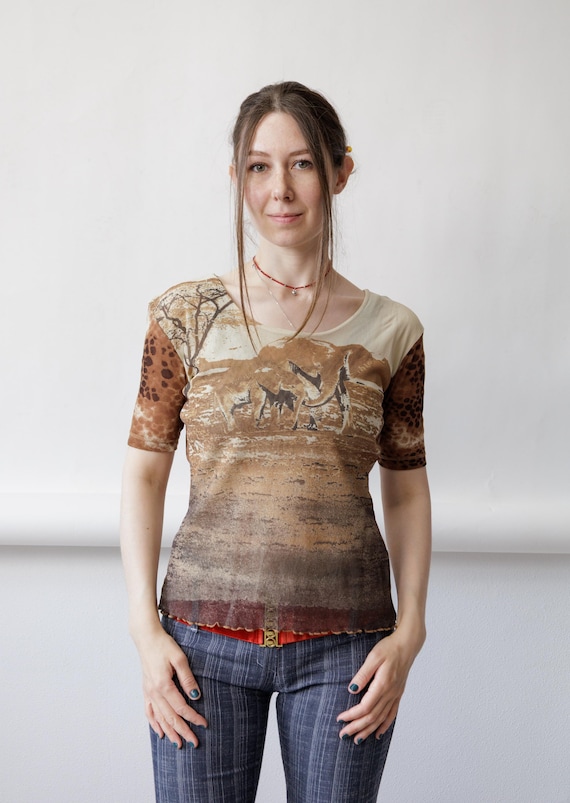 Y2K Safari Print Mesh Top Vintage Giraffe Leopard Sleeve Ombre Lettuce Hem Tee Size M