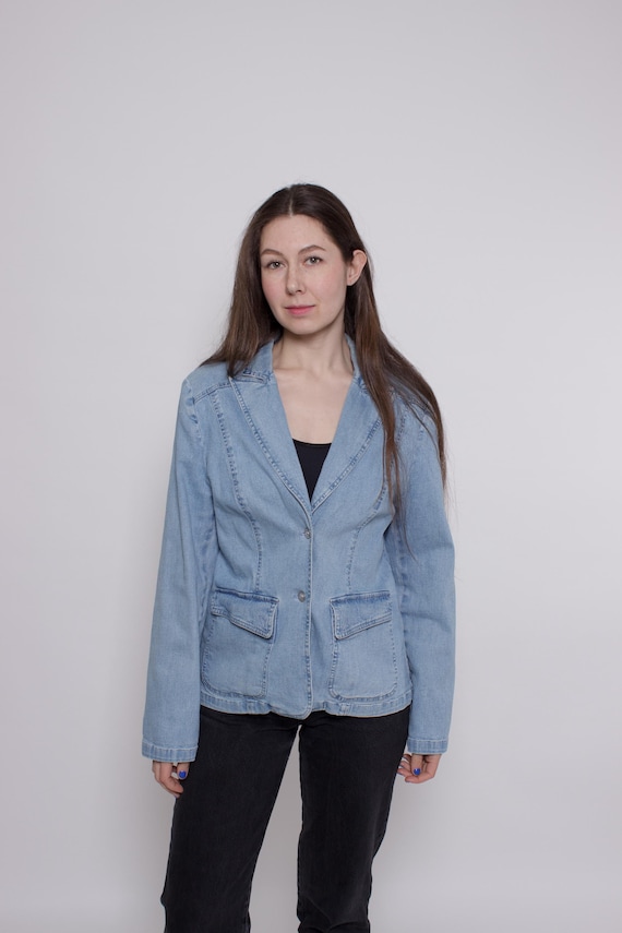 Vintage Denim Blazer Women Medium Light Blue Jean Jacket 90s Denim