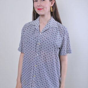 90s abstract print blouse in grey, vintage pixel dot revere collar blouse, Size L