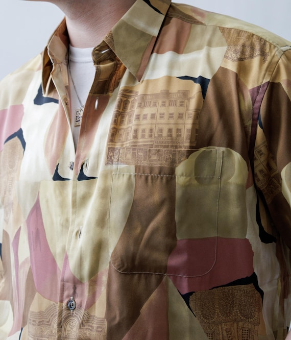 Architecture Print Shirt 80s Vintage Abstract Building Graphic Mens Button Up Size L