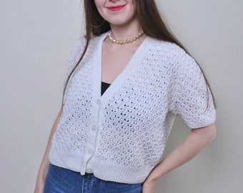 Summer white blouse, vintage boho lace knit top LARGE size 90s knitted shirt , Size L