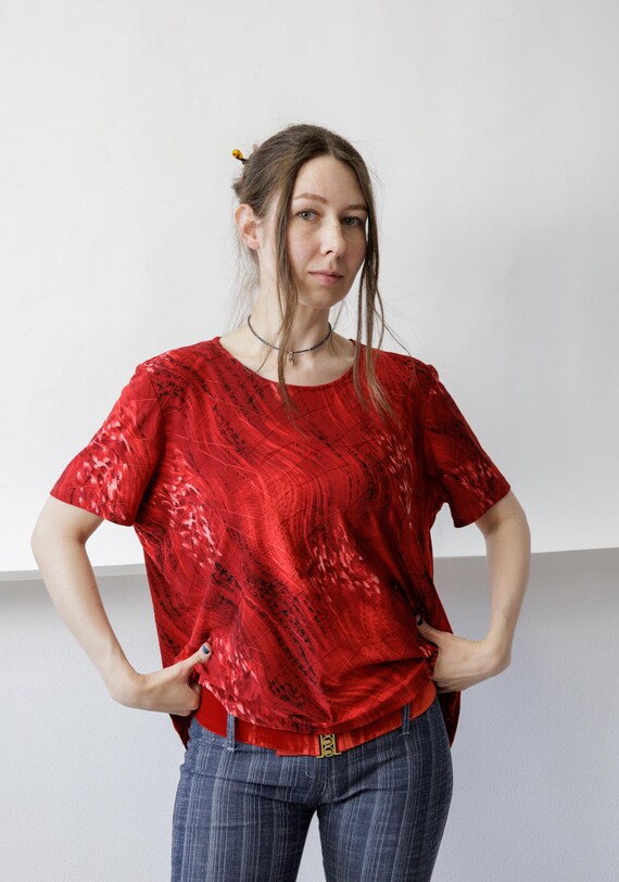 Y2k Red Abstract Swirl Print Top Boxy Short Sleeve Marbled Relaxed Fit Size M