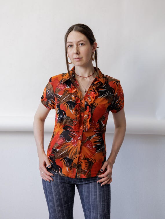 Y2K Tropical Leopard Print Blouse Vintage Ruffle Placket Cap Sleeve Size L