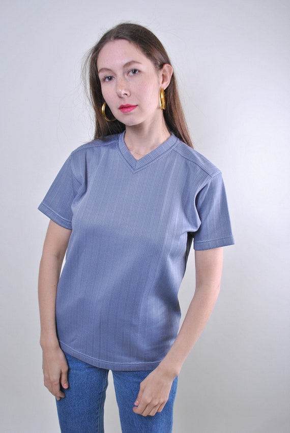 90s blue striped athletic tee, Vintage v-neck jersey, Size M