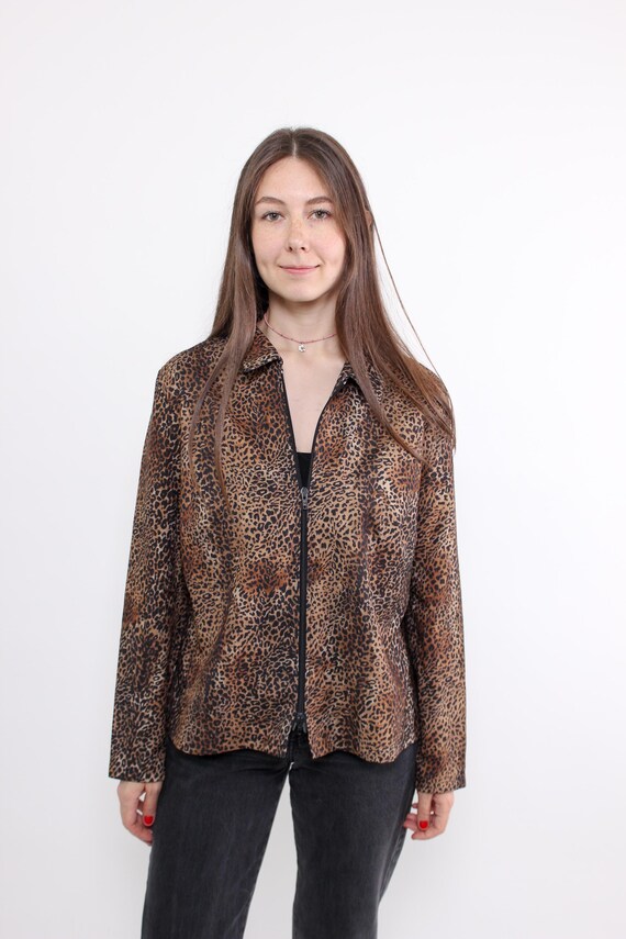 Leopard Print Zip Front Long Sleeve Collared Blouse Vintage 90s Size L
