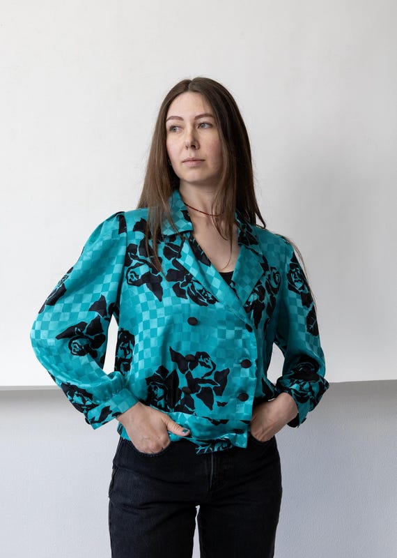 80s Teal Black Rose Satin Blouse Vintage Checkerboard Jacquard Double Breasted Size M