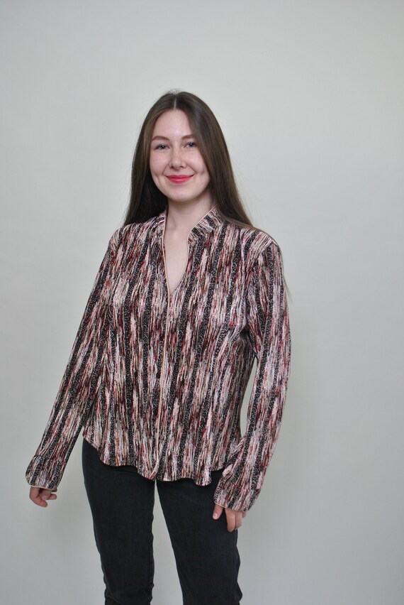 Y2k Red Black Streak Print Blouse 2000s Crinkle Texture Stand Collar Fitted Top Large