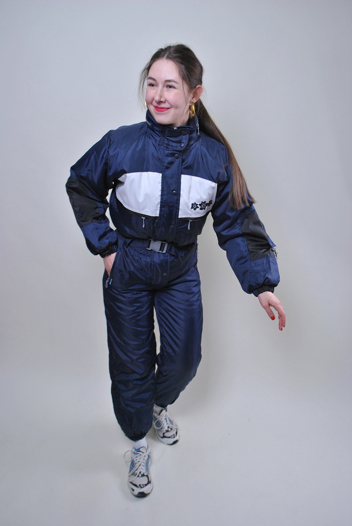 Vintage one piece blue ski suit retro flowers snow suit Size Etsy