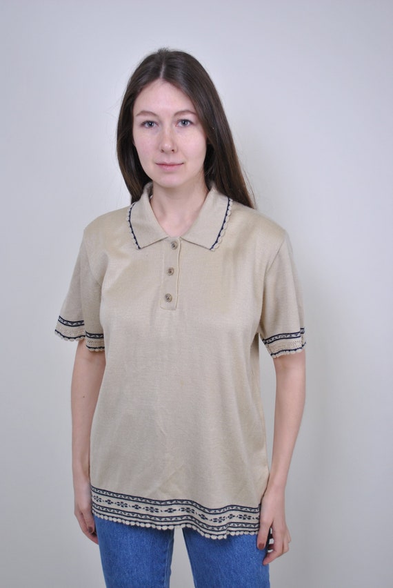 90s abstract print polo shirt, vintage lace sleeve pullover blouse with collar, Size L