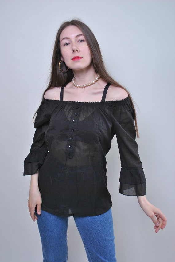 Contribución constante enviar Blusa boho negra vintage camisa transparente de mujer retro - Etsy España