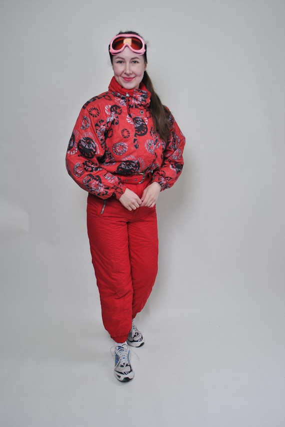 Vintage 90s Red Ski Suit, Retro One Piece Snowsuit Women, Graphic Print, Size M