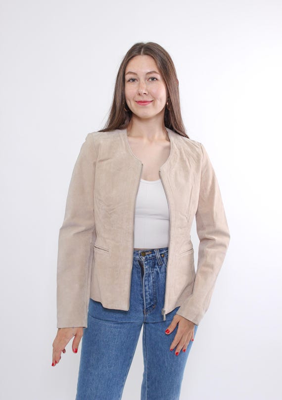 Y2k Beige Suede Jacket Vintage Collarless Zip Up Fitted Princess Seam Peplum Size M