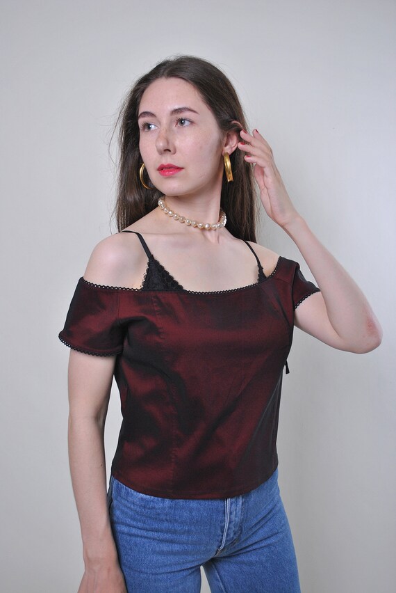 Vintage red evening lace off shoulder blouse, Size