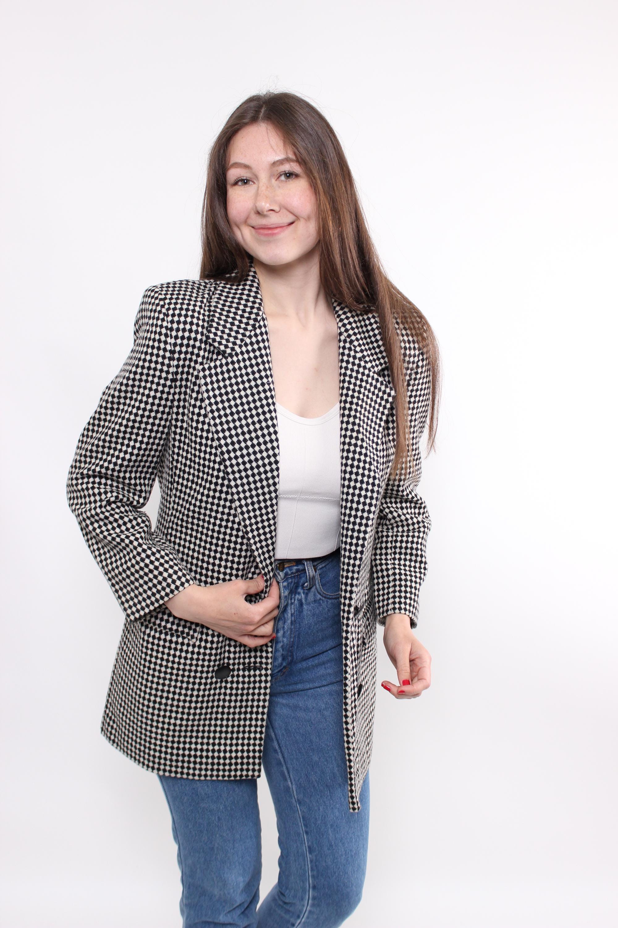 80年代ヴィンテージウールチェック柄ブレザー：ダブルブレストスーツ