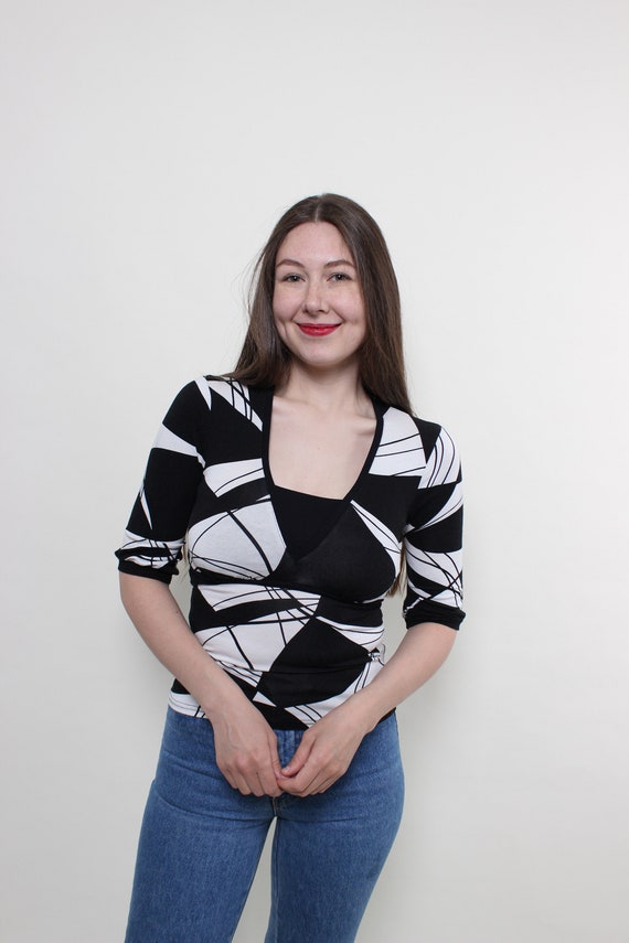 y2k abstract blouse, vintage 2000s black and white pullover stretchy blouse, Size S