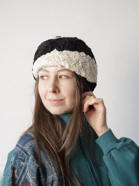 Vintage 90s Black Cream Striped Sherpa Teddy Slouch Beanie Hat Made in Belgium