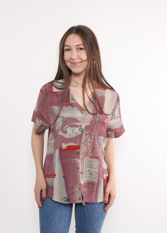 80s dusty rose abstract collage blouse, artsy sketch print v neck top, size XL