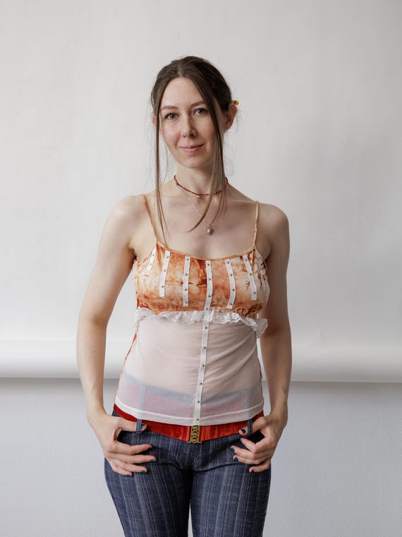 Y2K Studded Mesh Cami Tie Dye Corset Style Sheer Lace Top Size XS S