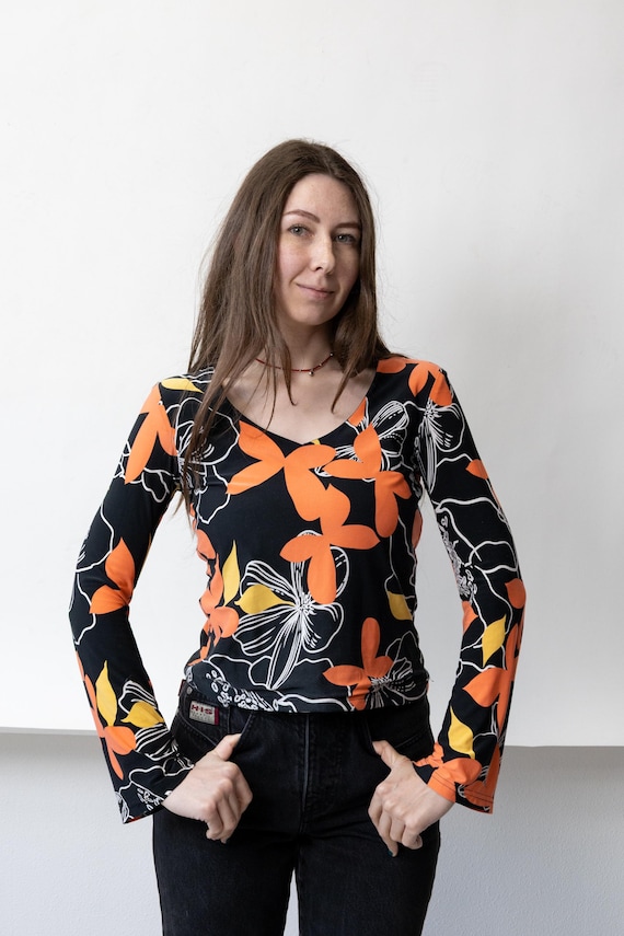 Y2k Black Coral Floral Top Bold Botanical Print Stretch V Neck Blouse Size M