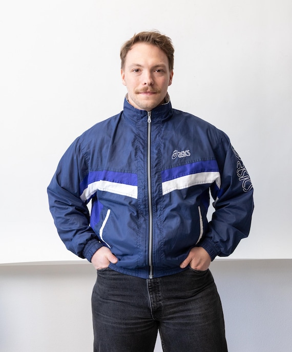 90s Asics Navy Purple Track Jacket Vintage Colorblock Nylon Windbreaker Size L