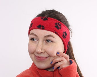 90s red headband, vintage funky print fleece ski headband, ONE SIZE