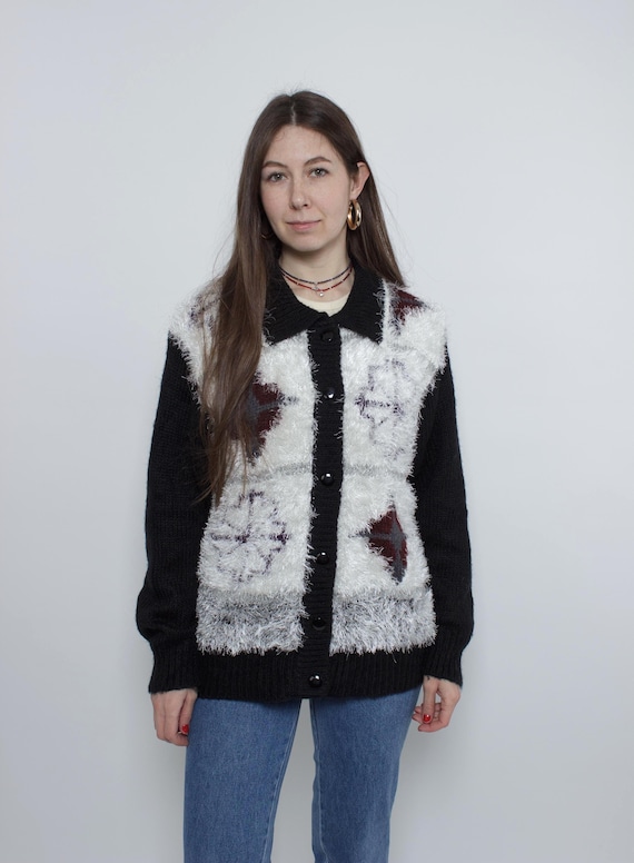 Eyelash Knit Star Motif Black Collared Cardigan Apres Ski 90s M