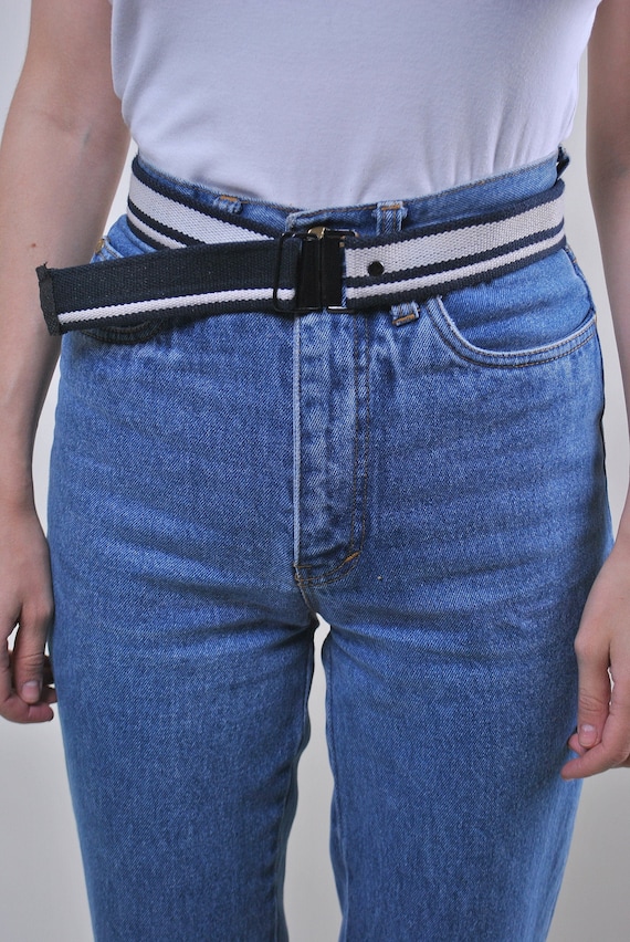 Navy White Stripe Webbing Belt Varsity Slide Buckle Minimalist Unisex Vintage