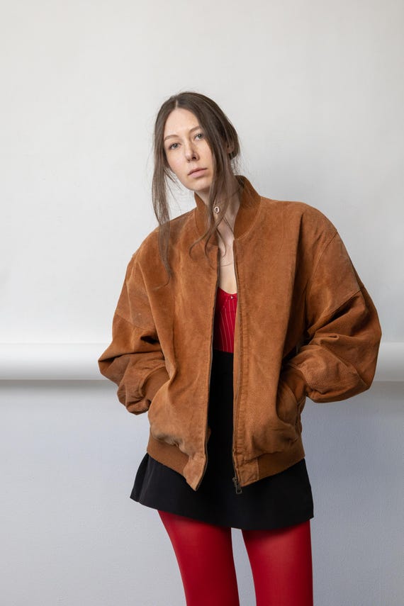 90s Caramel Brown Suede Leather Bomber Jacket Oversized Dropped Shoulder Ribbed Trim L