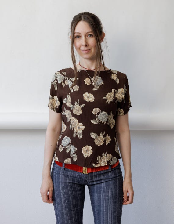 90s Brown Floral Blouse Vintage Sepia Rose Print V Neck Cottagecore Size S