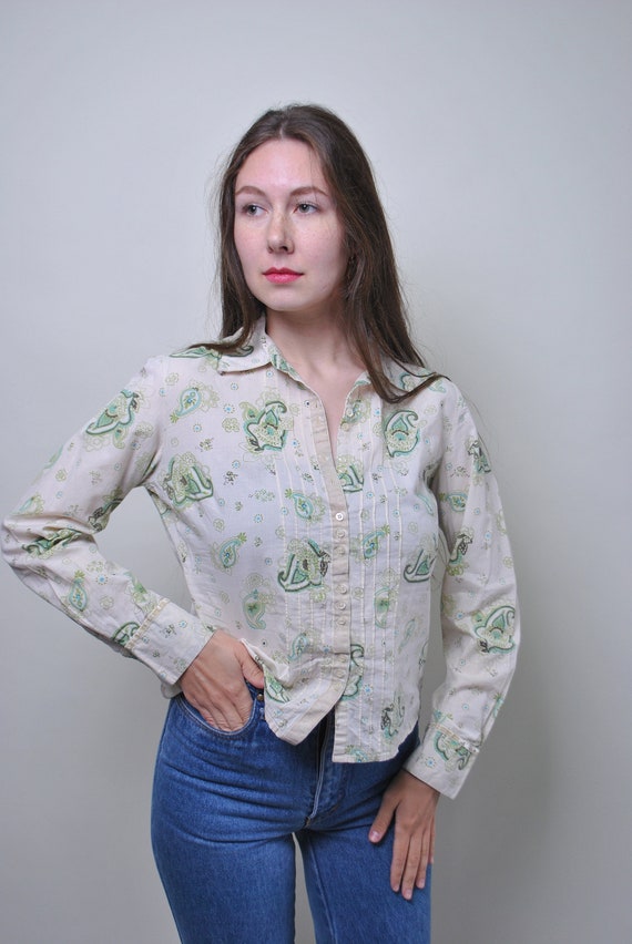 Y2k Cream Paisley Print Blouse Pintuck Front Fitted Boho Cotton Shirt Medium