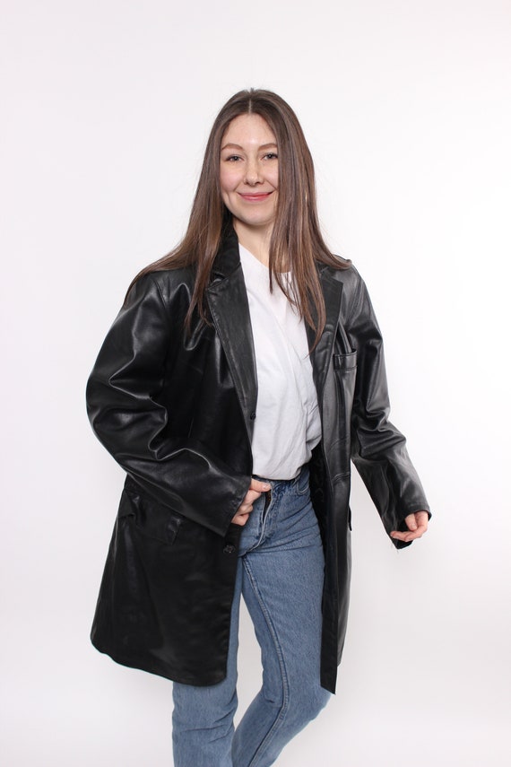 Vintage Black Leather Coat, 90s Minimalist Long Leather Jacket